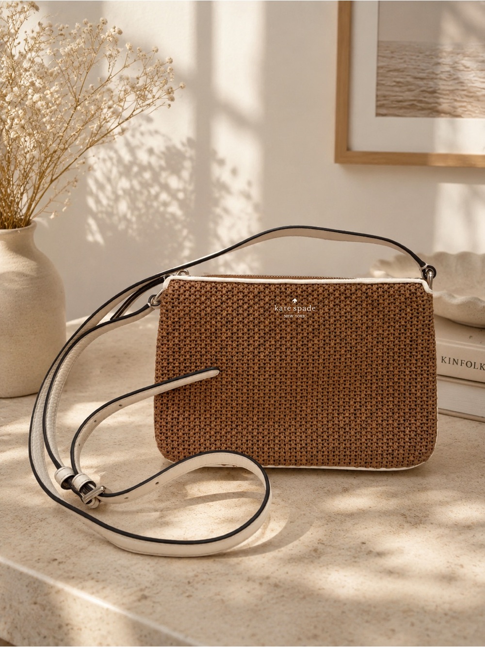 Kate Spade Jackson Straw Triple Gusset Crossbody Bag Brown Womens Summer Purse